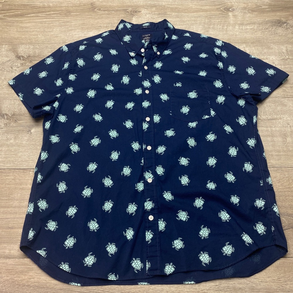 J.Crew Shirt Flex Washed Mens XXL Navy Blue Cotton Sea Turtle Print Slim Fit SS